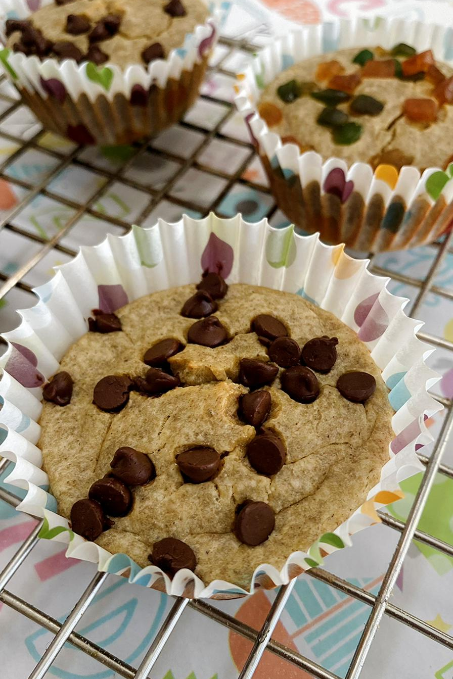 Banana Oats blender muffins on a baking rack just out of the oven