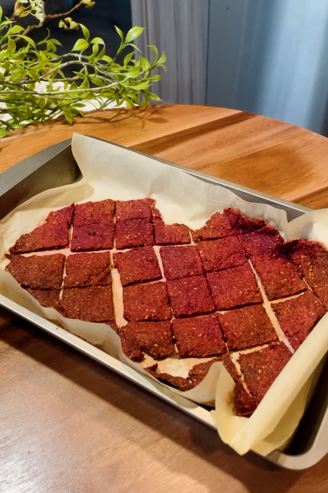 Beetroot cracker just out of the oven in a baking tray