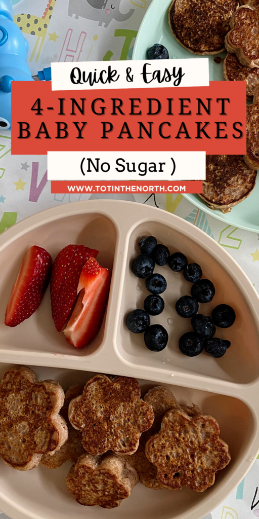 Pinterest pin featuring healthy Banana Strawberry Oat Pancakes for babies and toddlers, an easy baby-led weaning breakfast recipe made with oats, banana, strawberries, and egg.